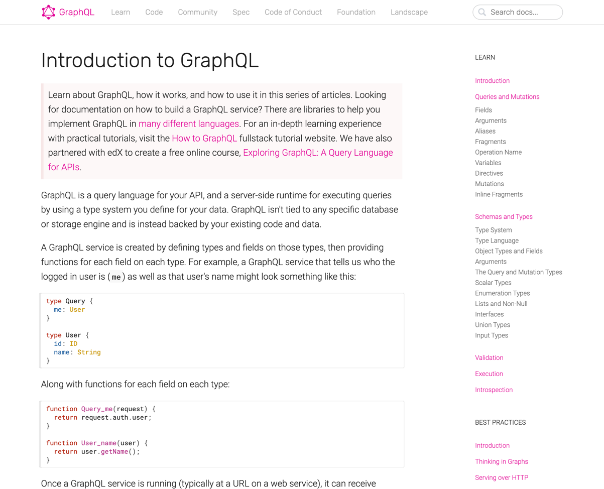 Screenshot of graphql.org v1 learn page