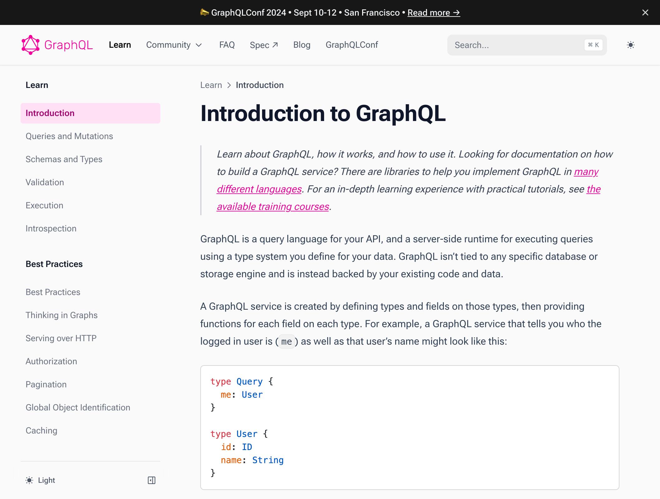 Screenshot of graphql.org v2 learn page